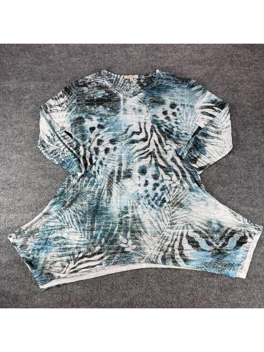 Jess & Jane Women's Blue & Black Animal Print Long Sleeve Tunic Top Size L Flowy